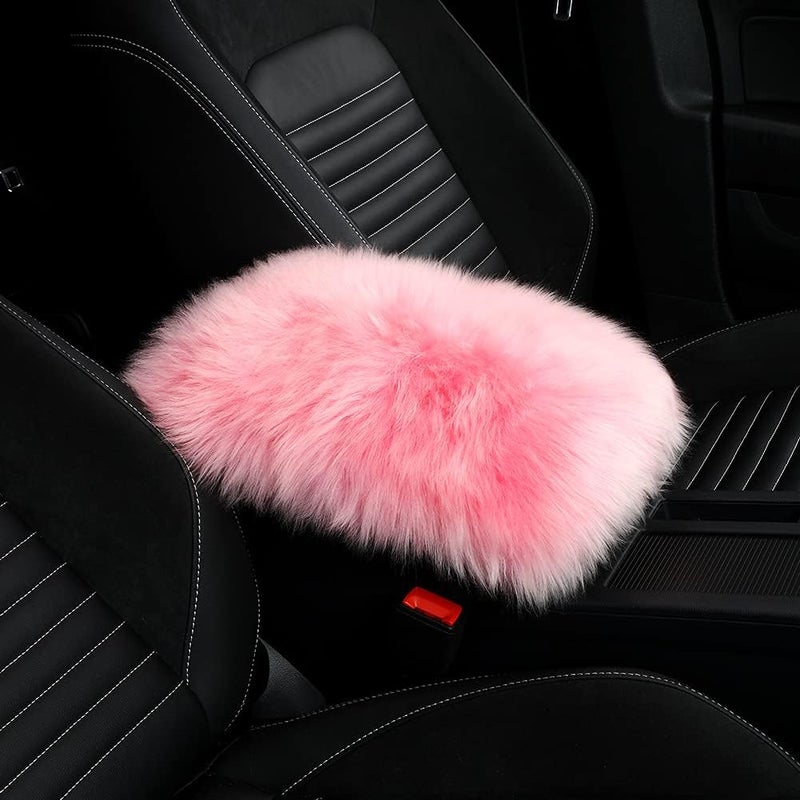 LLB Auto Center Console Cover Pad Universal Fit for SUV/Truck/Car, Genuine Sheepskin Wool Fur Car Armrest Seat Box Cover, Furry Fluffy Auto Armrest Cover Protector (Pink) - Image 1